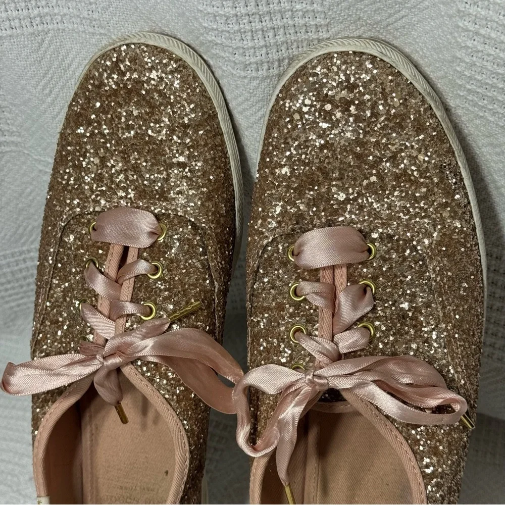 Keds X Kate Spade Sneaker Women's Size 8.5 Champion Glitter Rose Gold Satin Lace